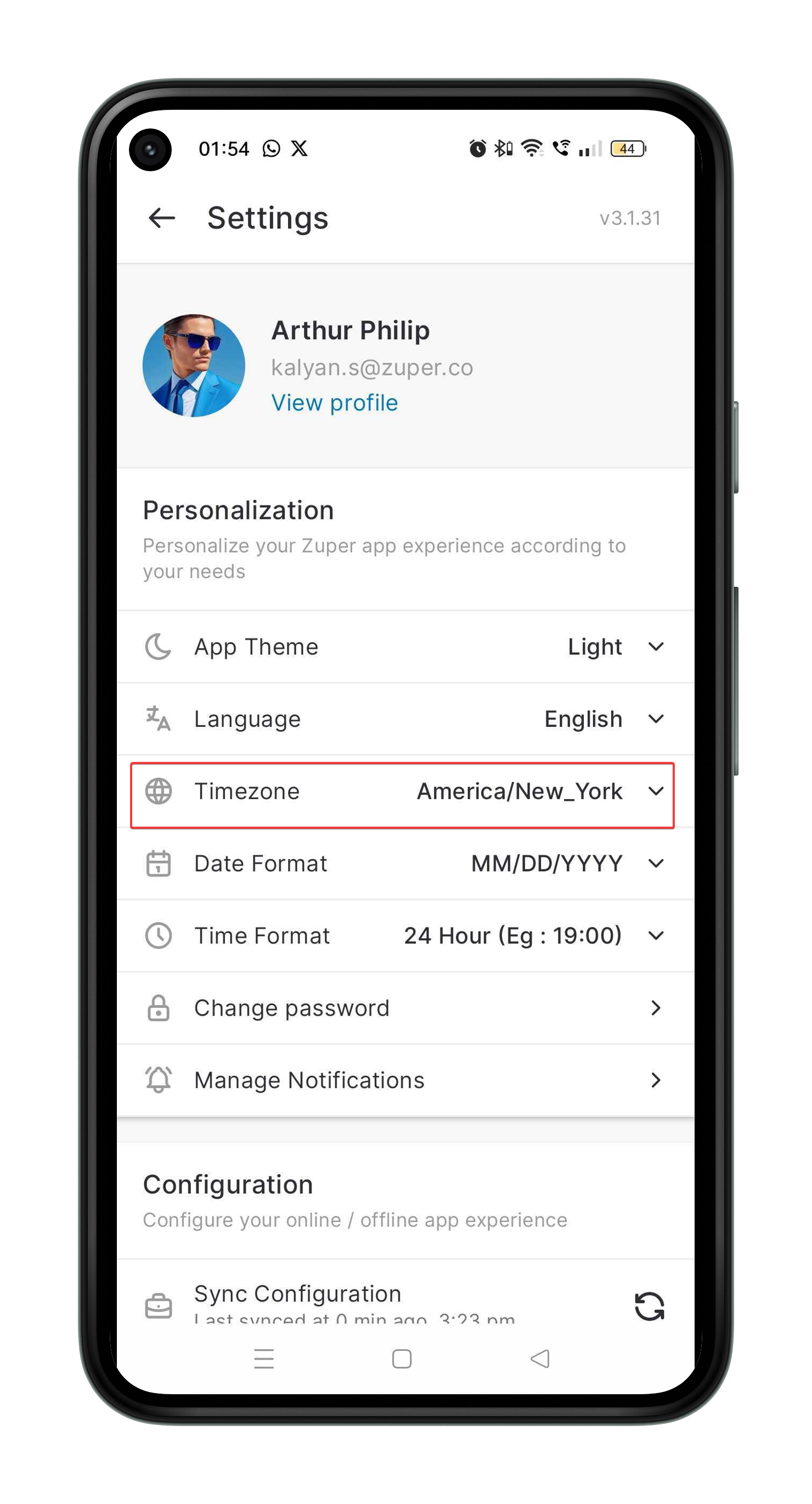 How do I change the time zone of my Zuper account in Zuper V3 Mobile App?